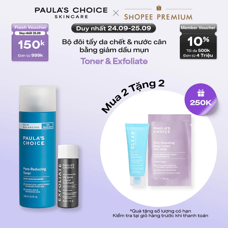 Bộ đôi toner chứa Niacinamide thu nhỏ lỗ chân lông và dung dịch loại bỏ tế bào chết 2% BHA Paula's Choice 1350-2016