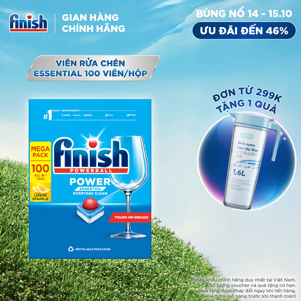 Viên Rửa Chén Bát Hương Chanh Finish Powerball Power Essential Lemon Sparkle - Hộp 100 viên tiết kiệm