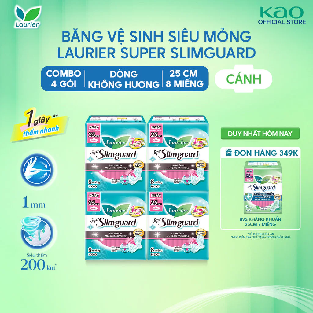 Combo 4 Băng Vệ Sinh Laurier Siêu Mỏng 1mm Bảo Vệ 25cm 8 miếng