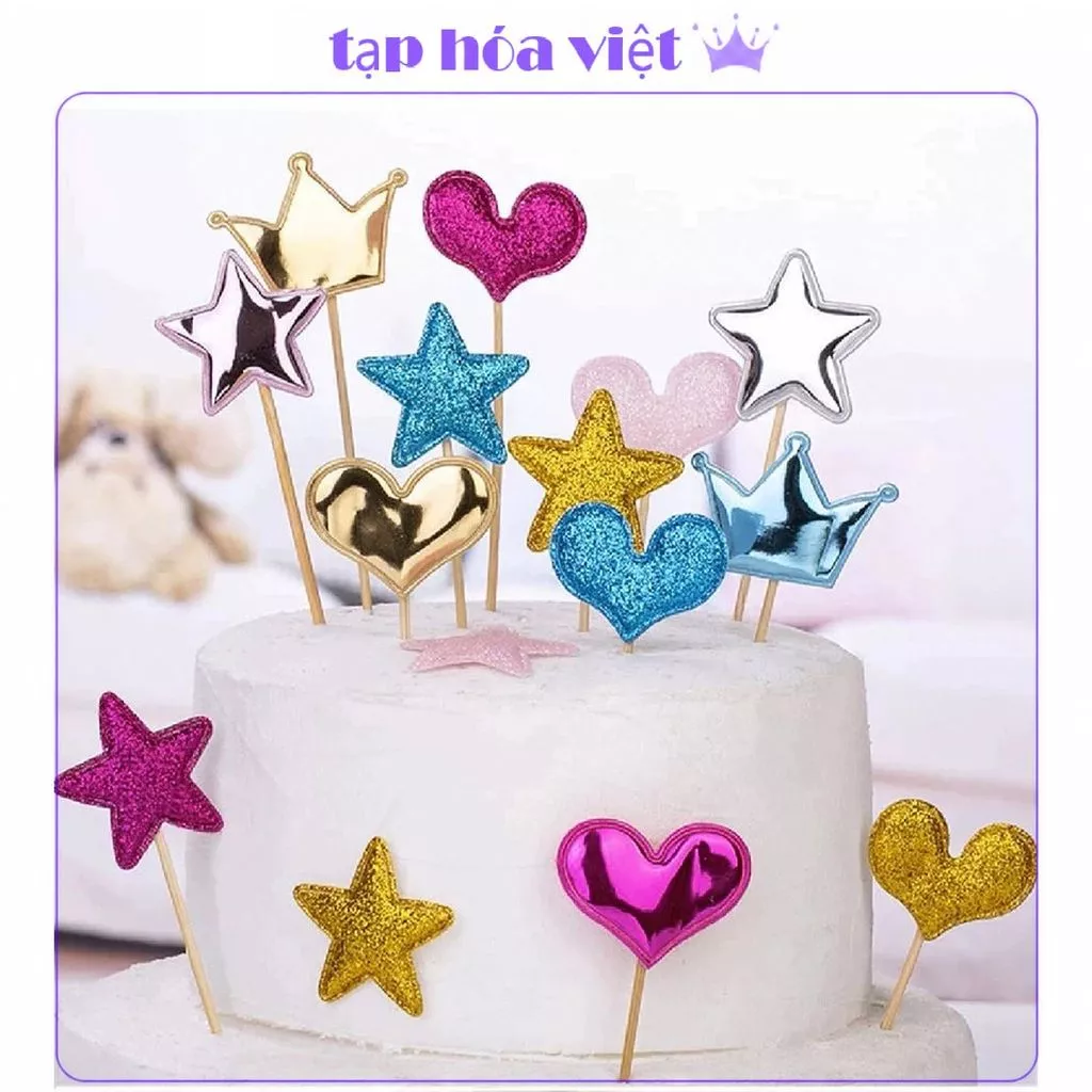 BÓ 10 SET que tim sao trang trí bánh sinh nhật, que cắm tim sao da
