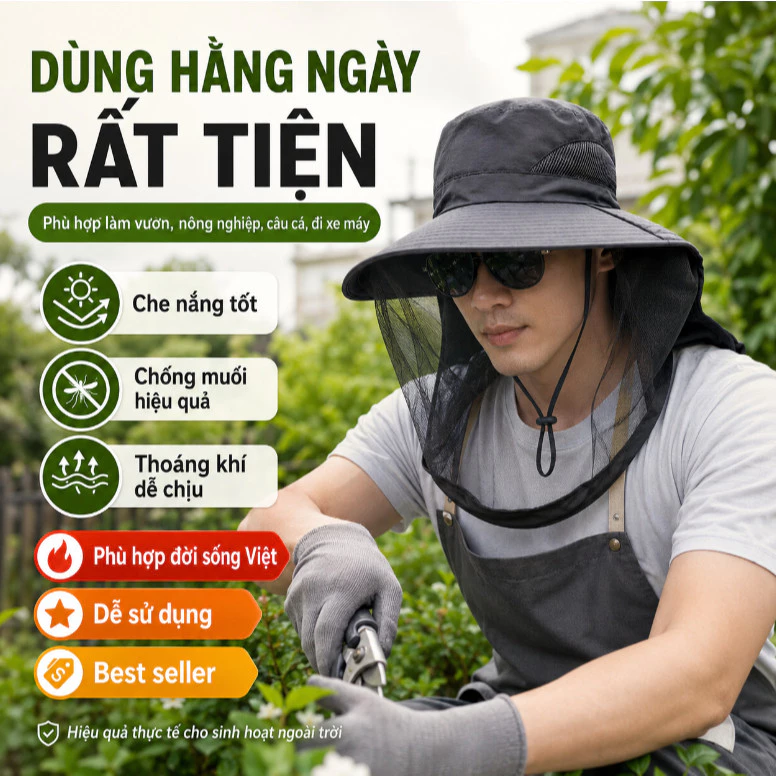 Mũ Rộng Vành Chống Muỗi Chống Nắng Lưới Che Mặt Cổ Thoáng Khí Gấp Gọn Câu Cá Ngoài Trời