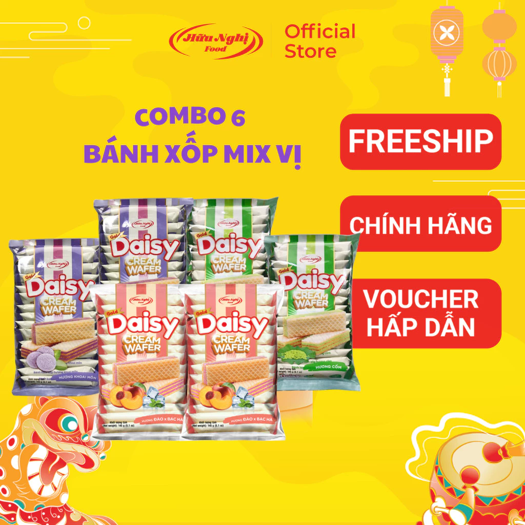 Combo 6 bánh xốp vị cốm, khoai môn, đào bạc hà Gold Daisy 145g