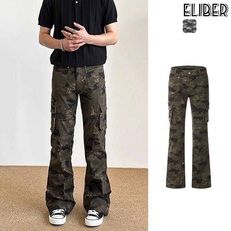 ELIBER- Quần Yếm Nhiều Túi Rằn Ri Quần Tây Nam Ống Thẳng Tôn Dáng Gầy