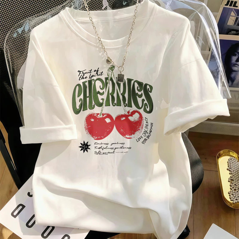 Áo phông nữ họa tiết cherry phong cách thiếu nữ tươi mát, cổ tròn dễ phối đồ mặc thoải mái mùa hè