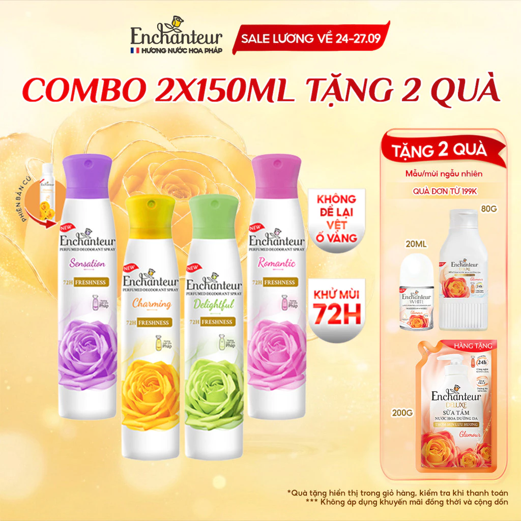 Combo 2 Xịt khử mùi Enchanteur khô thoáng 72 giờ, cảm giác tươi mát sảng khoái lâu dài 150ml