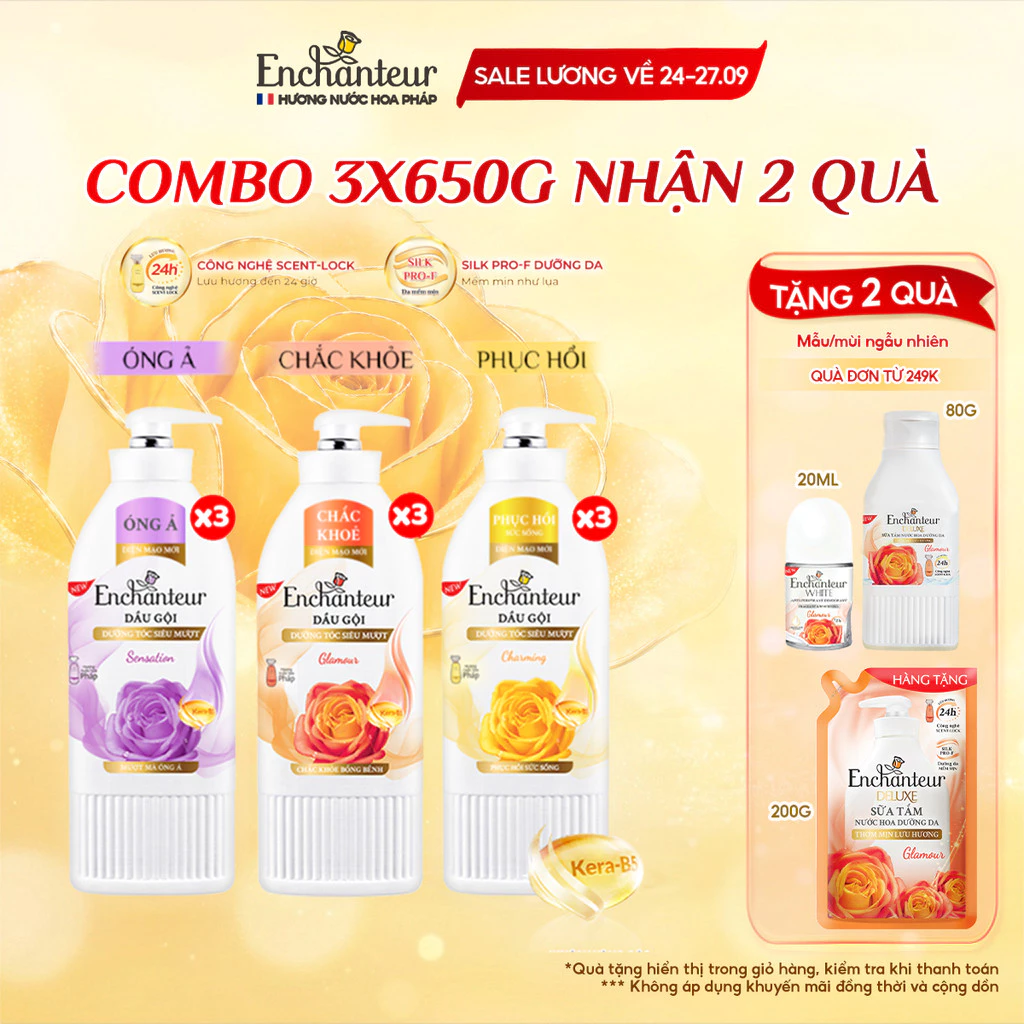 Combo 3 Dầu gội dưỡng tóc siêu mượt thơm Enchanteur Keratin 650g - Charming Phục hồi sức sống/Sensation Mượt mà óng ả
