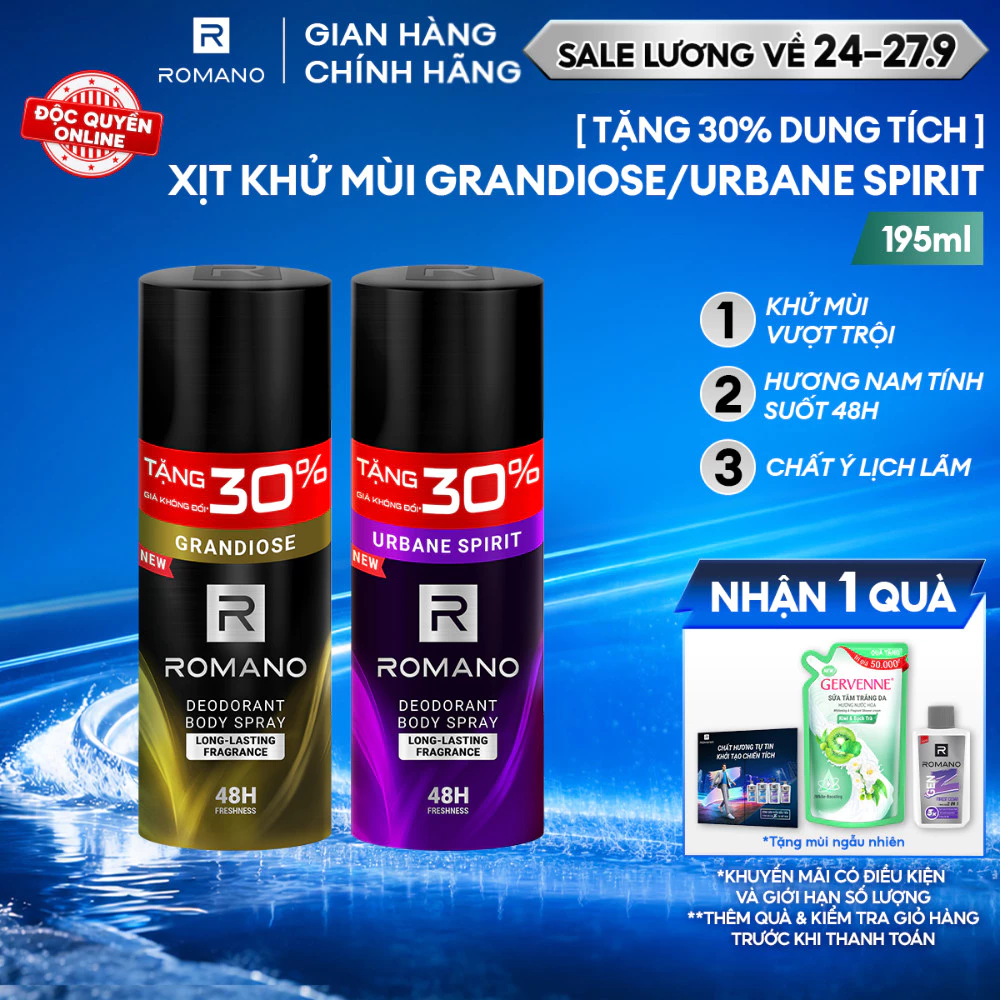 [Tăng 45ml dung tích] Xịt khử mùi nam Romano ngăn mồ hôi và mùi cơ thể Grandiose/Urban Spririt 150ml - 195ml