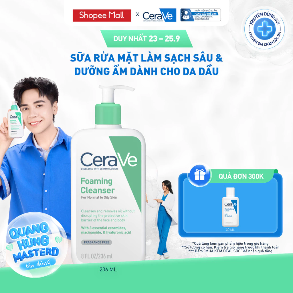 Sữa rửa mặt foaming giúp làm sạch sâu và dưỡng ẩm dịu nhẹ dành cho da dầu - CeraVe Foaming Facial Cleanser 236ML