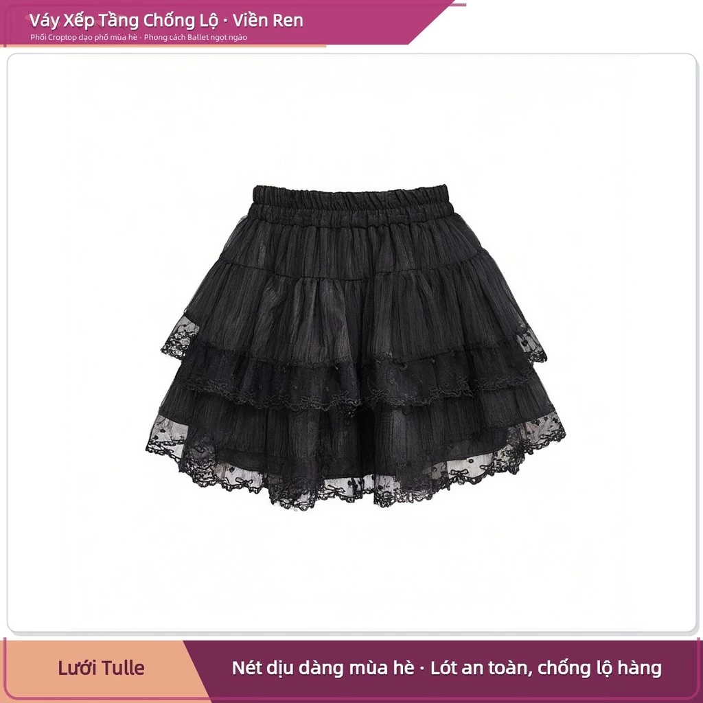 Chân Váy Xếp Tầng Phong Cách Ballet Nữ Hè - Lưới Tulle Ren Đen Cạp Chun Cao Ngang A-Line Chống Lộ Hàng