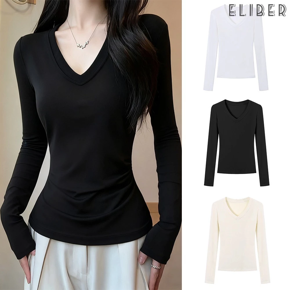 ELIBER- Áo Thun Dài Tay Cổ Chữ V Phối Bên Trong Mẫu Cơ Bản HOT GIRL Áo Mặc Trong Cho Nữ Tôn Dáng