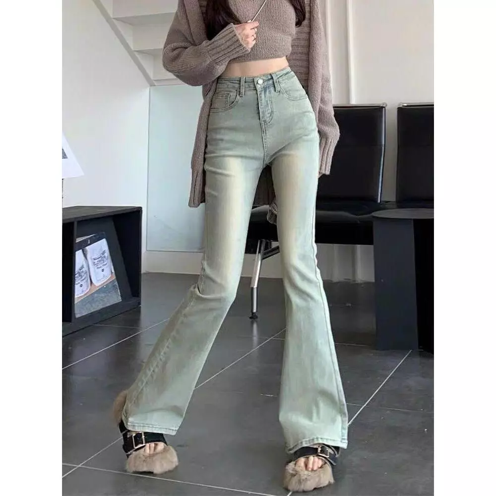 Quần jeans bò nữ ống loe cạp cao màu xanh bạc co giãn, quần bò nữ loe 22 cm phối dồ siêu dễ