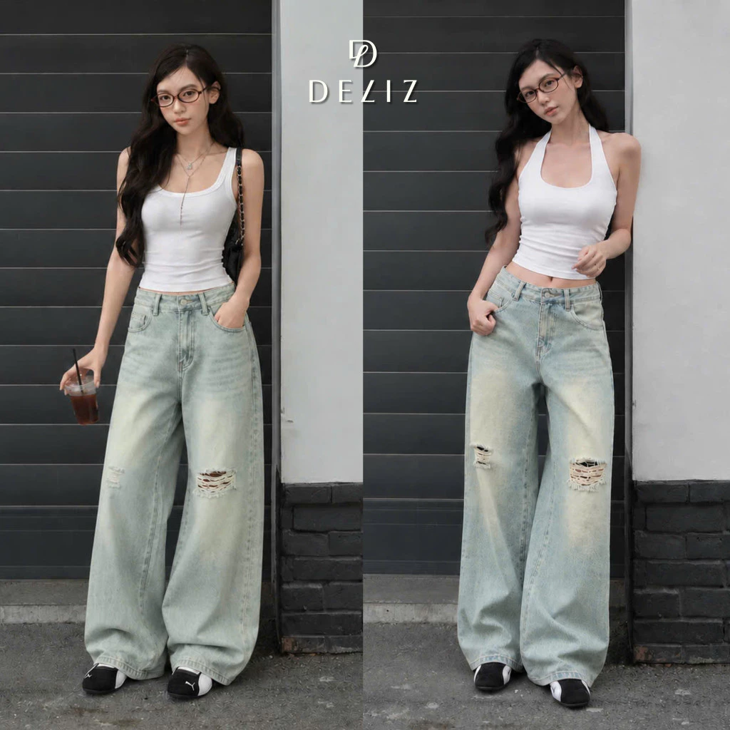 DELIZ - Quần jean nữ ống rộng cạp cao rách gối phong cách trẻ trung trendy DELIZ J418 (đã cắt sẵn khuy)