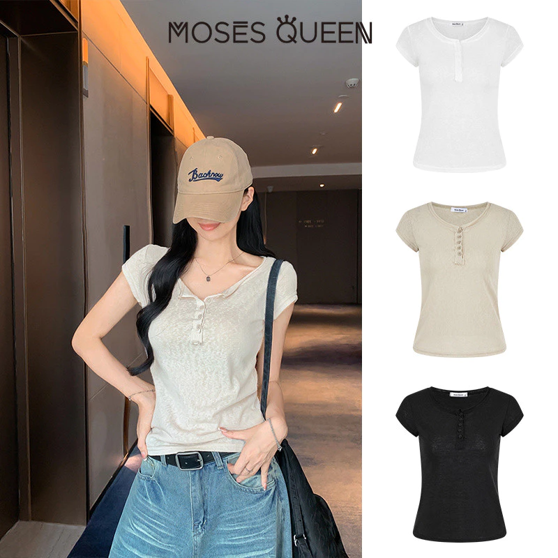 < MOSESQUEEN > Áo T-shirt mỏng nhẹ trước vai, Cổ cuộn viền nữ Áo sơ mi mùa hè đa năng tay ngắn #63907