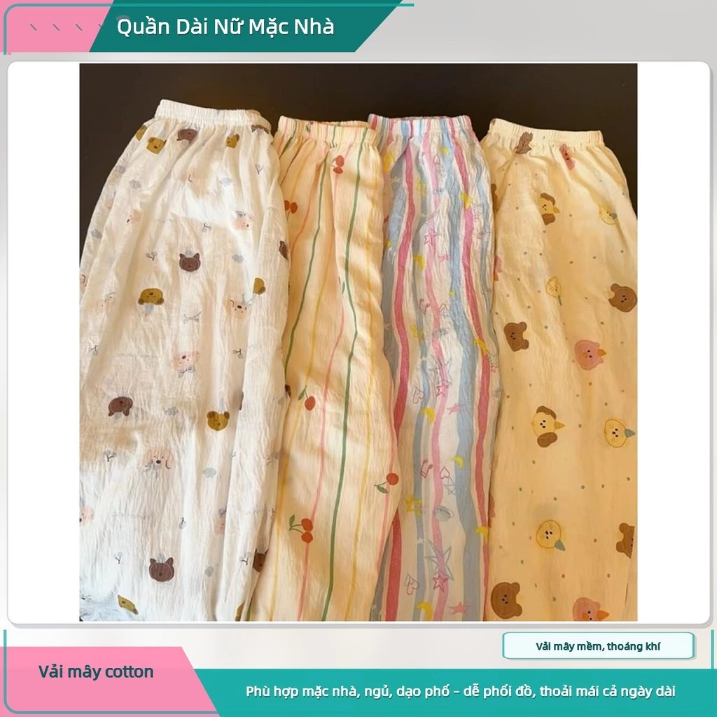 Quần Dài Nữ Mặc Nhà Dáng Rộng Cạp Cao Vải Mềm Mịn Thoáng Khí Phong Cách Dễ Thương
