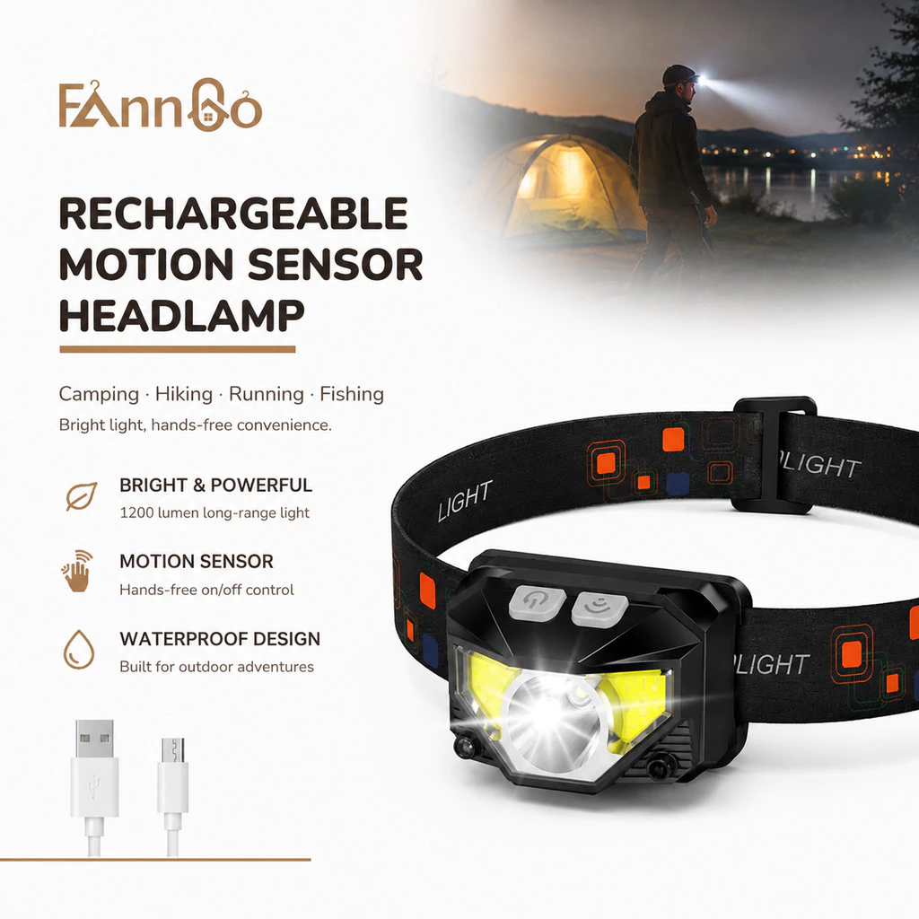 [Sẵn Sàng] Đèn Pha Sạc 1200 Lumen Đèn Pha LED Ánh Sáng Cảm Biến Chuyển Động Chống Nước Nhẹ Cho Cắm Trại Đi Bộ Đường Dài Chạy Câu Cá