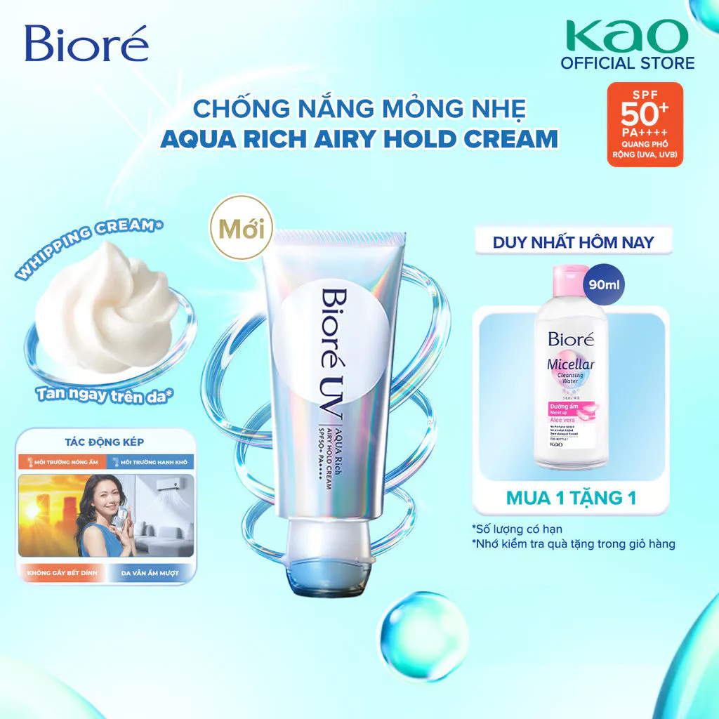 [Siêu Phẩm Mới] Biore UV Aqua Rich Airy Hold Cream Chống Nắng Mỏng Nhẹ SPF50+ PA++++ 70g