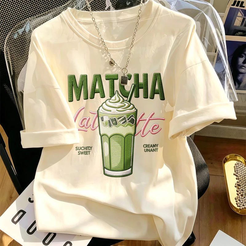 Bán chạy Áo phông nữ họa tiết ly trà matcha phong cách ngọt ngào, cổ tròn dễ phối đồ mặc thoải mái mùa hè thời trang