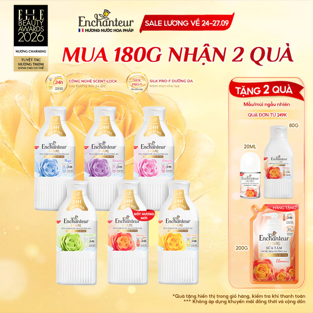 [CẢI TIẾN MỚI] Sữa tắm hương nước hoa dưỡng da thơm mịn Enchanteur 180g (5 mùi - Bao bì thay đổi tùy đợt nhập hàng)