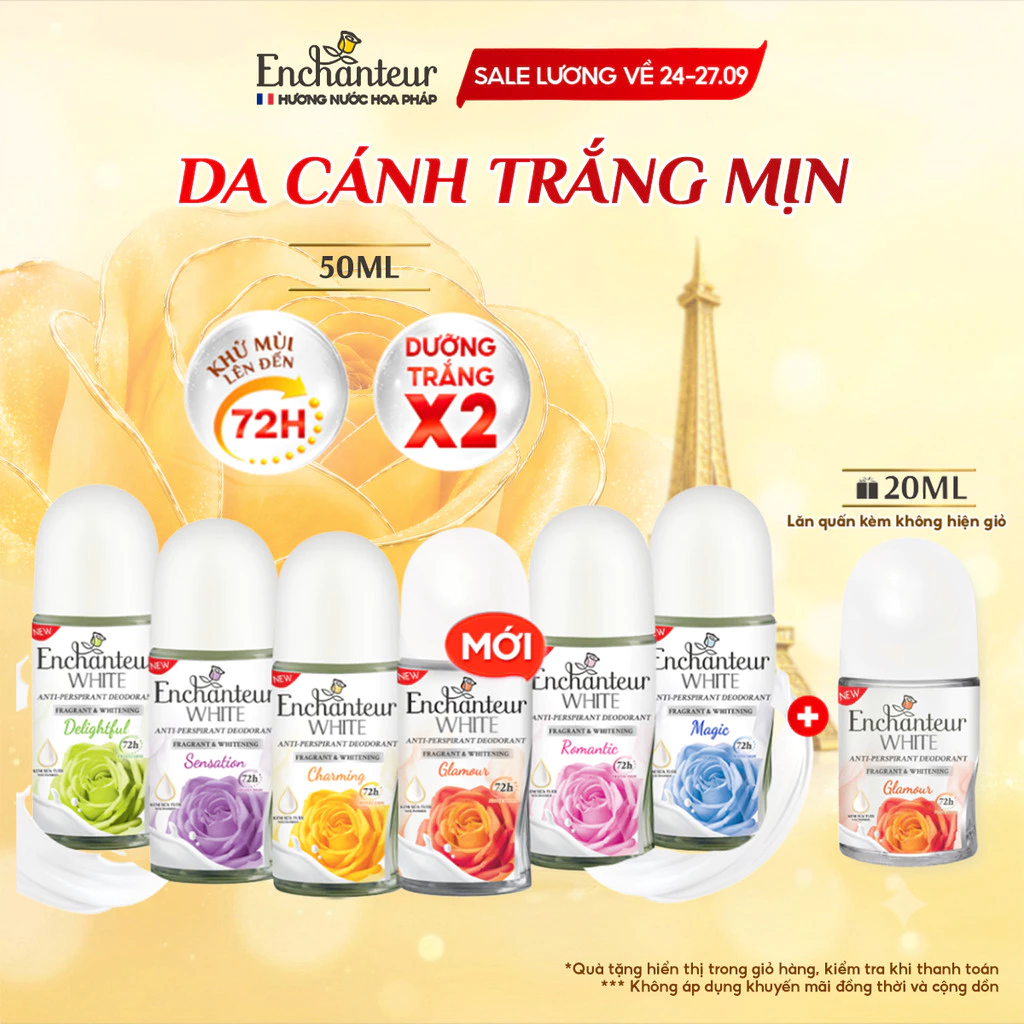 [TẶNG LĂN 20ml] Lăn Khử Mùi Dưỡng Trắng Da Enchanteur White Hương Nước Hoa Pháp 50ml