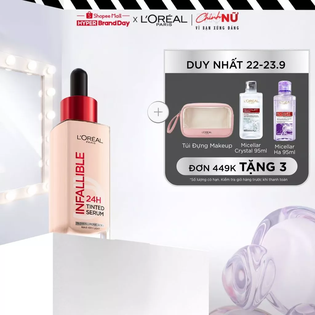 Kem nền dạng serum 24h căng mướt, tự nhiên L'Oreal Paris Infallible 24H Tinted Serum (1% Hyaluronic Acid) 30ml