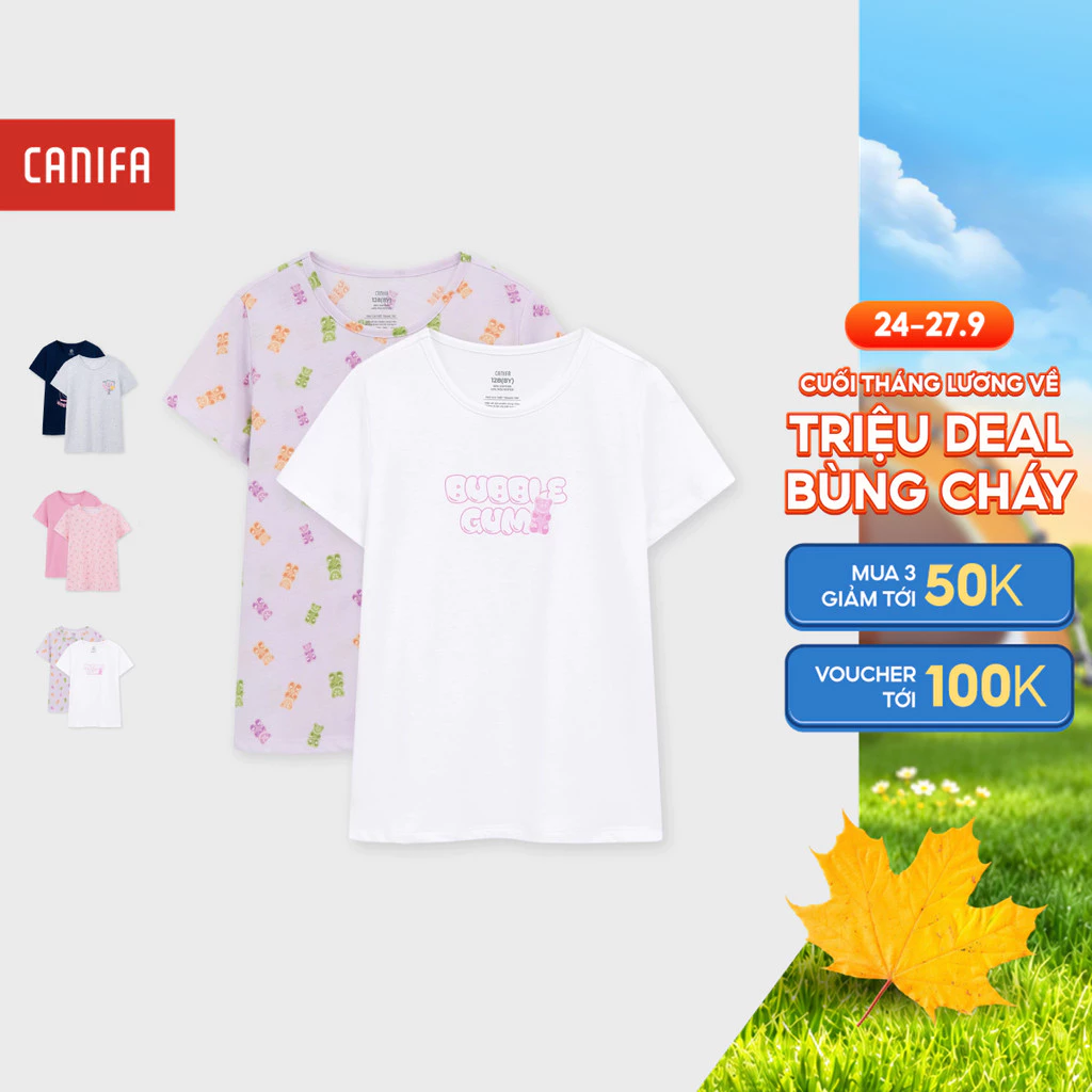 Combo 2 áo thun bé gái CANIFA mặc nhà cộc tay in họa tiết dễ thương chất liệu mịn mát PS26 1LA26S002