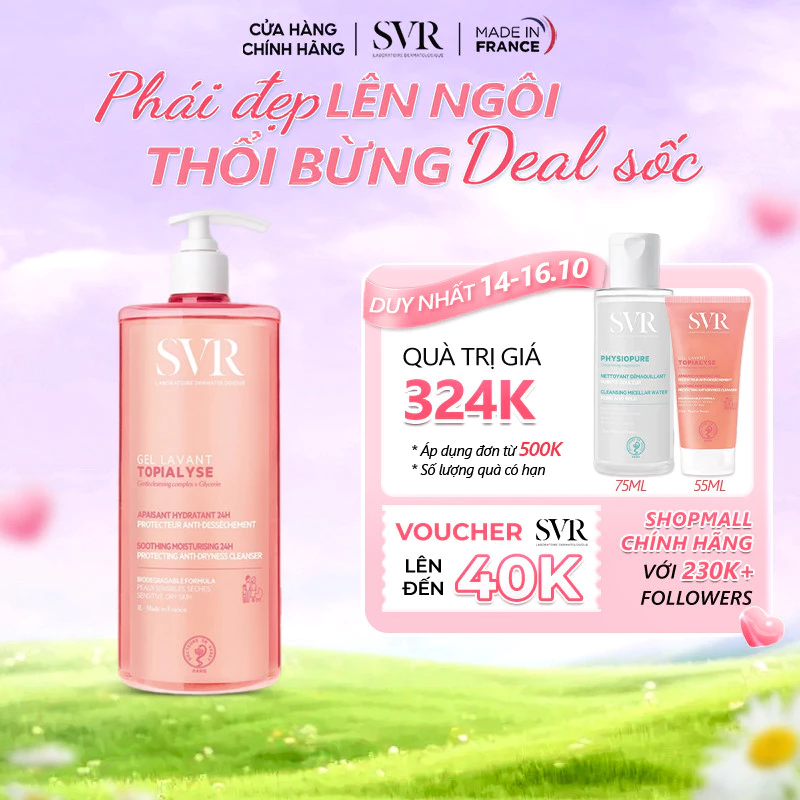 Gel làm sạch cho da nhạy cảm, da khô và viêm da cơ địa SVR TOPIALYSE Gel Lavant 1L