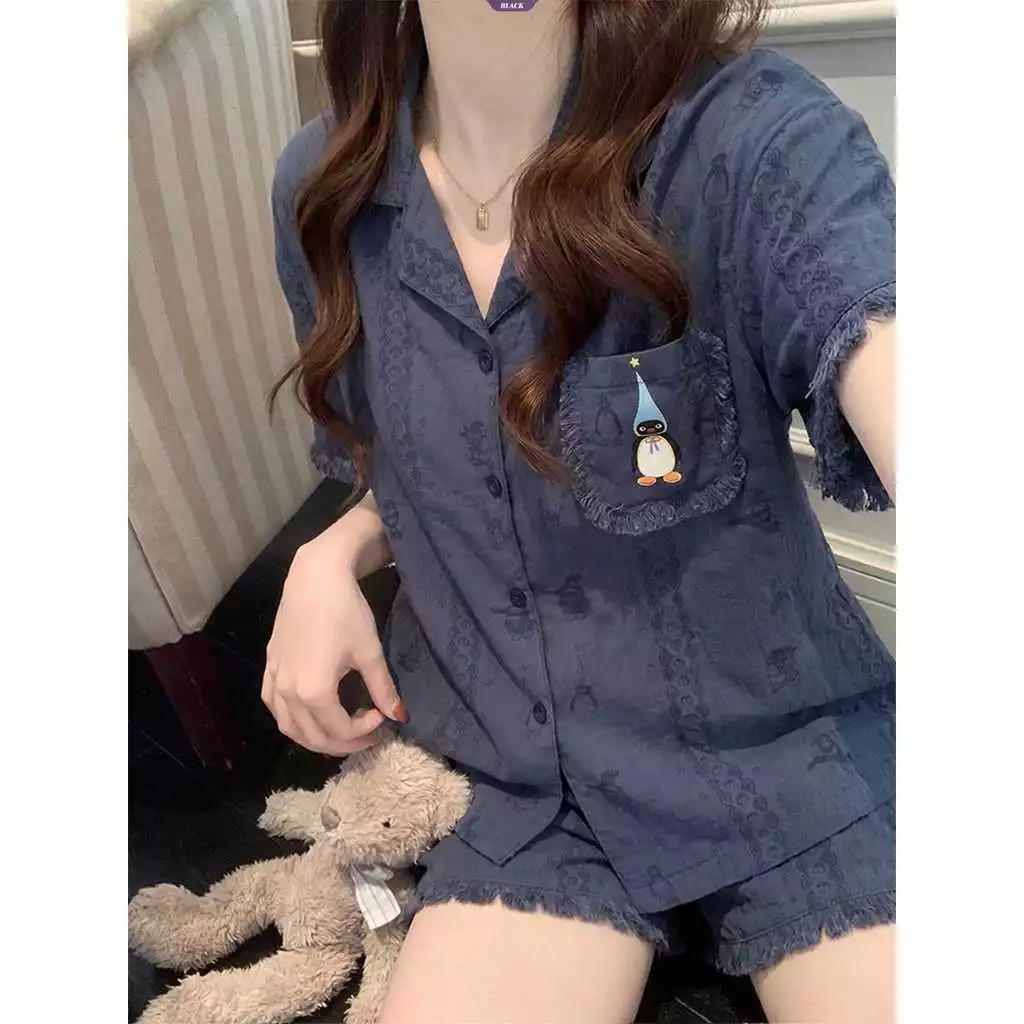 Hannie_Oder-Bộ đồ ngủ chim cánh cụt xanh hải quân phong cách Hàn Quốc dành cho nữ: Bộ đồ ngủ ngắn tay hoạt hình hàng QC