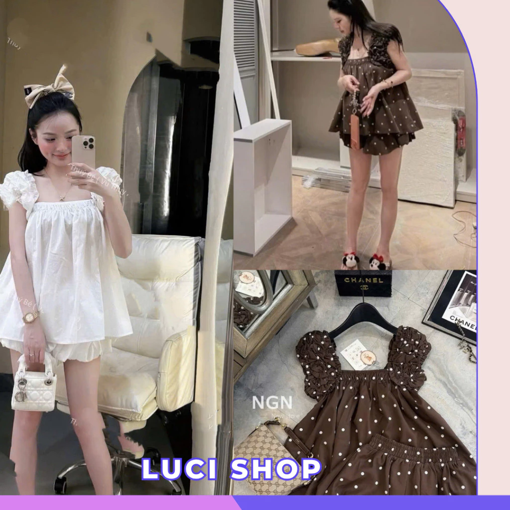Set thô đũi trắng cộc áo babydoll cổ vuông tay bèo chân váy chun dáng bí phồng, set đồ nữ tiểu thư - Luci Shop