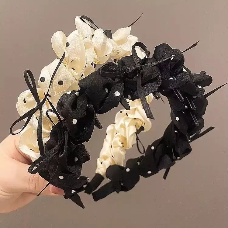 Băng Đô Voan Xoắn Chấm Bi Nơ Hàn Quốc Cài Tóc Bản To Phồng Chân Tóc Băng Đô Nữ Cao Cấp Phụ Kiện Tóc