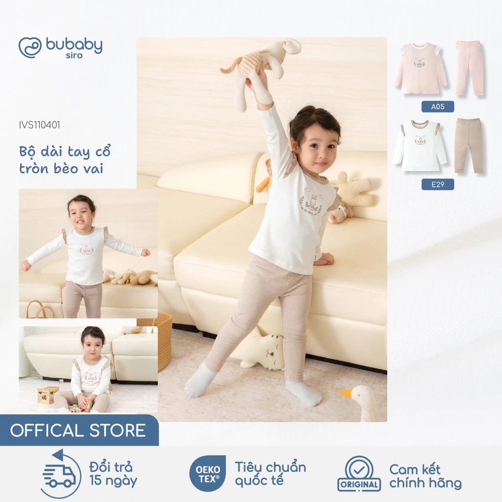 Bộ quần áo dài tay bèo vai BU Baby, bộ dài tay thu đông trẻ em, bộ dài bé trai bé gái | IVS110401