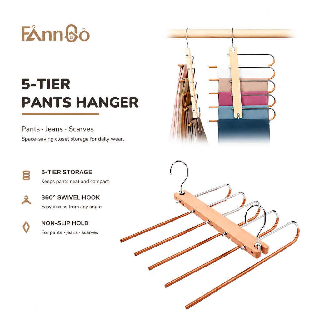 Móc treo quần 5 tầng FannGo (1 gói) Dụng cụ sắp xếp tủ quần áo, 360° Móc xoay, Hoàn hảo cho quần, jean, legging và khăn quàng cổ