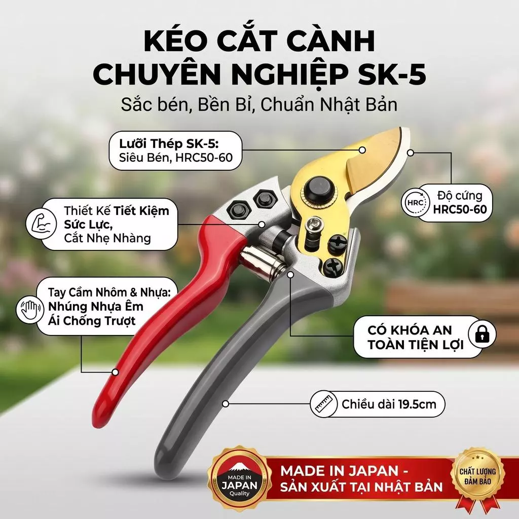 Kéo cắt cành SK5 Nhật Bản - Lưỡi siêu sắc - Có khóa an toàn - Tay cầm chống trượt