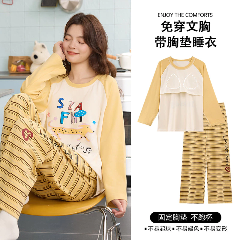 Bộ Đồ Ngủ Có Đệm Bộ Đồ Ngủ Nữ Bộ Thu Đông Tay Dài Knickerbocker Đồ Ngủ Người Phụ Nữ Hoạt Hình Dễ Thương Lưới Mặc Nhà