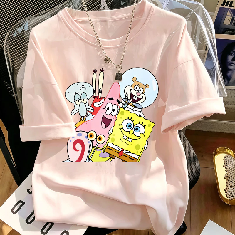 Áo thun nữ casual tay ngắn cổ tròn hồng in hình hoạt hình nhóm vải mềm mát mẻ kiểu đơn giản thời trang hàng ngày