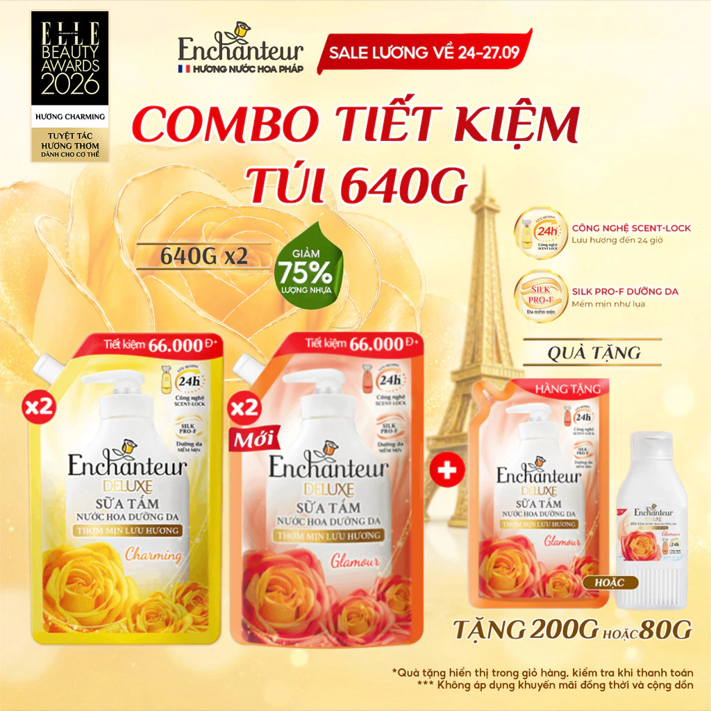 [TIẾT KIỆM 132K] Combo 2 Túi Refill Sữa Tắm Nước Hoa Dưỡng Da Thơm Mịn Lưu Hương Enchanteur 640g x2