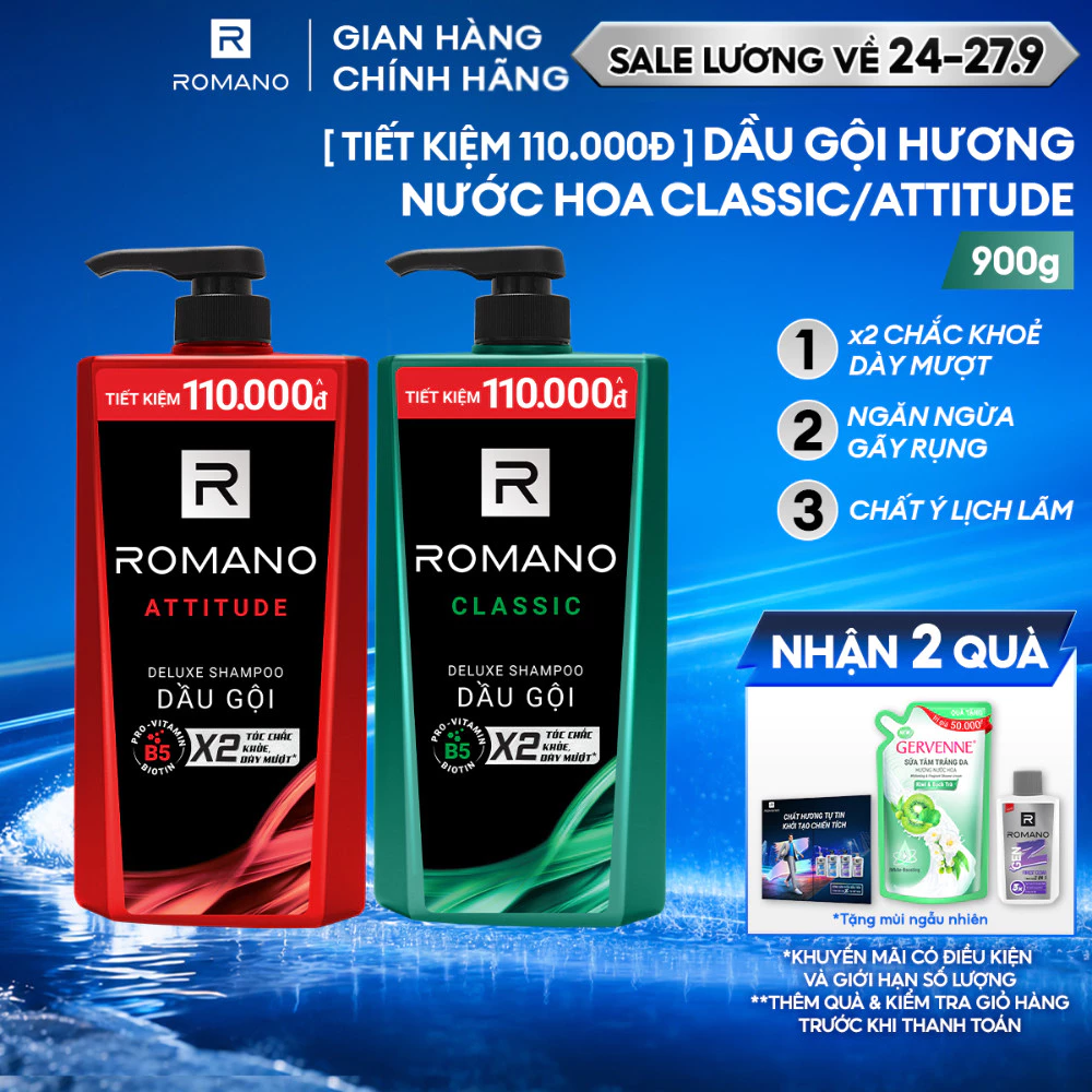 [SVIP] Dầu gội / Tắm gội nam Romano hương Nước hoa nam Classic / Attitude / Grandiose 900g