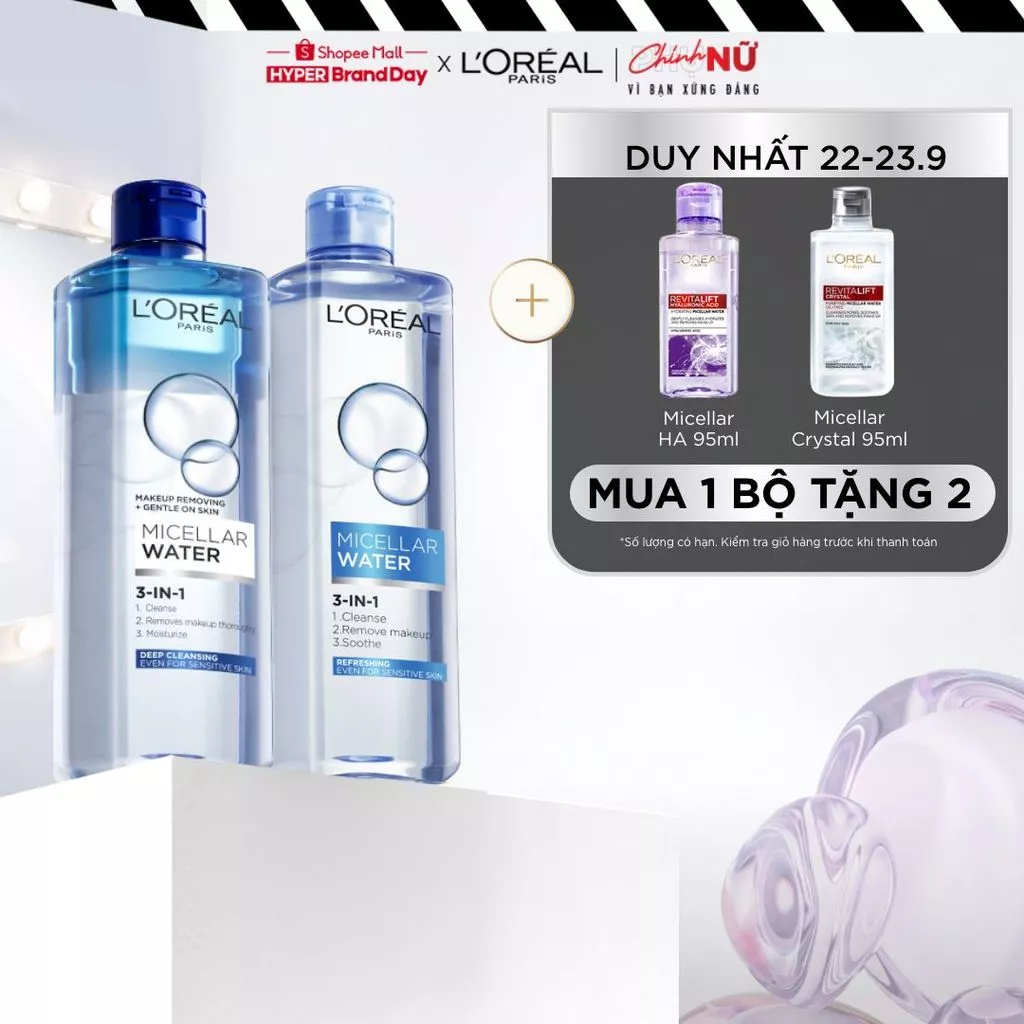 Bộ 2 nuớc tẩy trang đa năng 3in1 L'Oreal Paris Micellar Water 400ml x 2