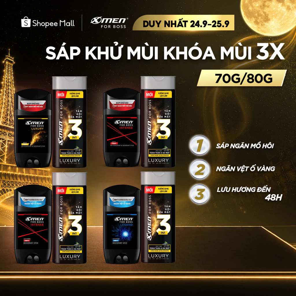 Combo Sáp Khử Mùi XMen For Boss 70g/80g và Tắm Gội Rửa Mặt Luxury 150gx1 - Sáp Thơm Châu Âu