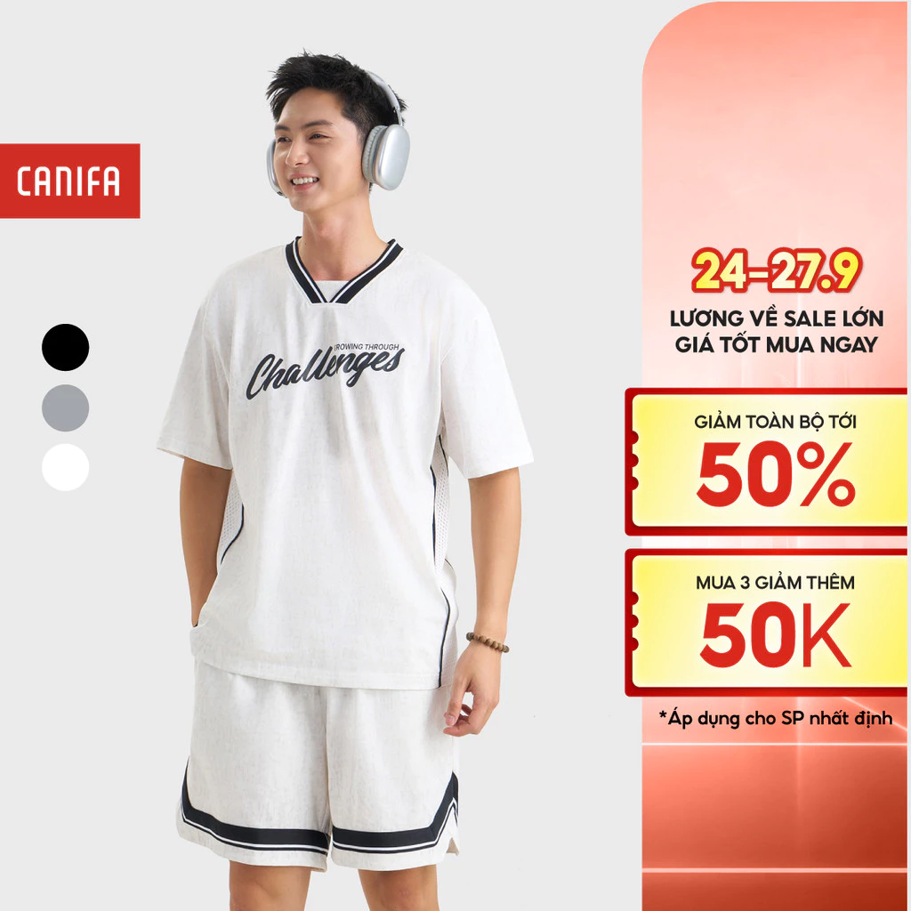Áo thun nam cổ V phom rộng phối lưới hai bên sườn chất liệu cotton mềm mịn, thấm hút CANIFA 8TS26S017