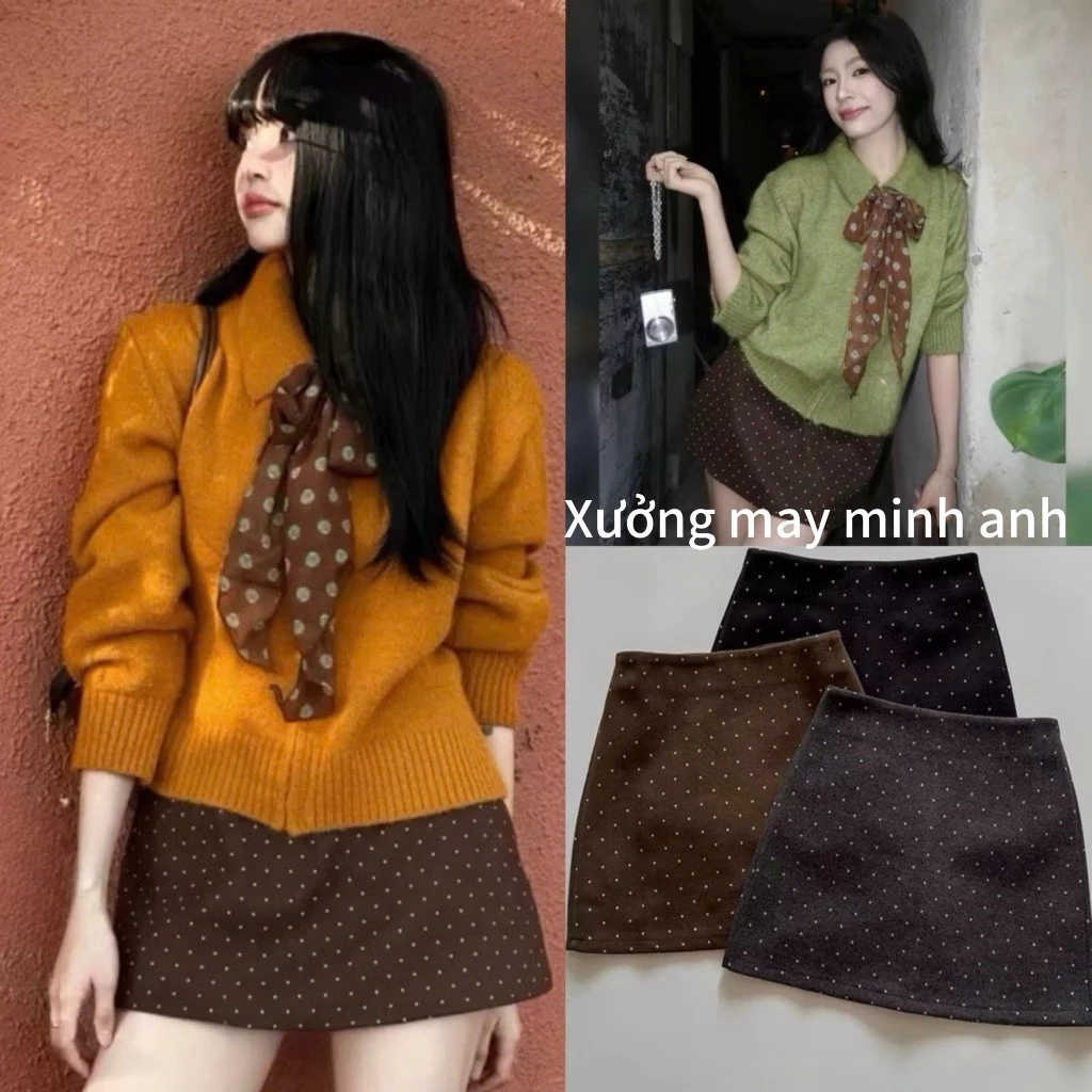 Chân váy dạ ép chấm bi dáng chữ A thời trang, chân váy ngắn có quần bảo hộ MA08