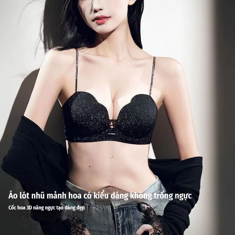 Trending áo lót trơn không đường may, dây vai ánh kim loại, nâng gọn ngực nhỏ, co giãn rộng