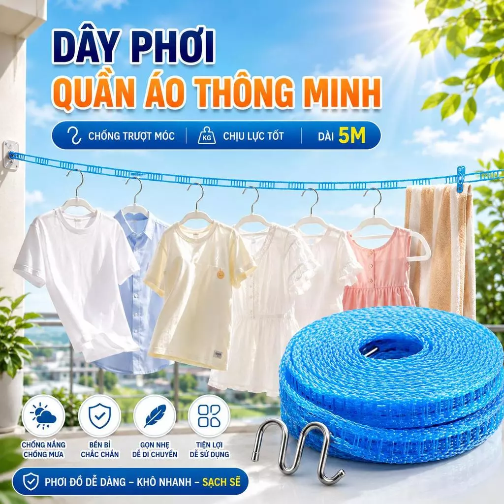 Dây Phơi Quần Áo 5m Có Móc Chống Trượt Dây Phơi Đồ Thông Minh Chịu Lực Tốt Dễ Lắp Đặt - GD358
