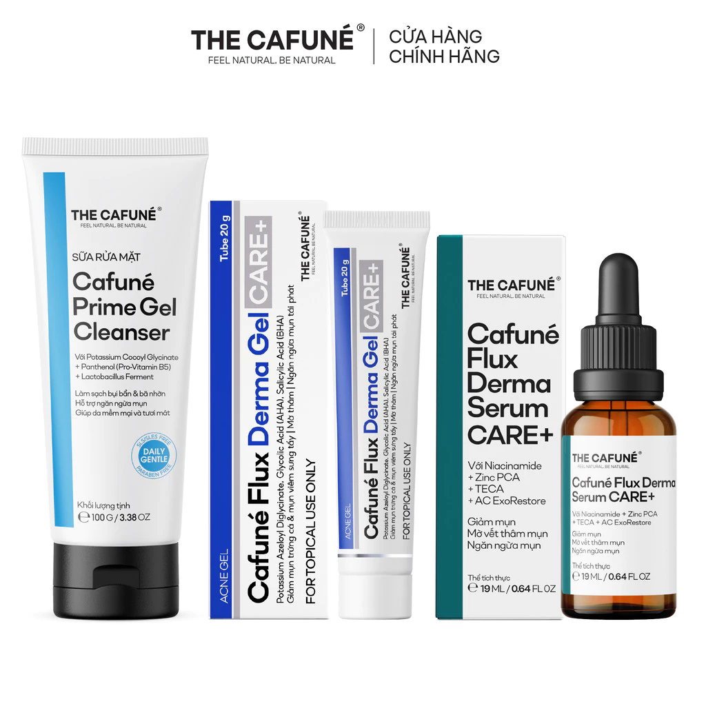 [COMBO GIẢM 43%] Combo 3 Bước Chăm Sóc Da Mụn Cafuné: Sữa Rửa Mặt Prime + Serum Mụn Flux Derma + Gel Chấm Mụn Flux Derma