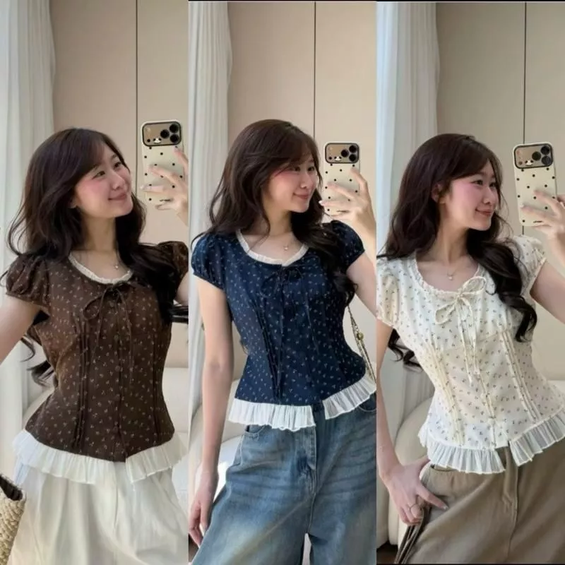 Áo Sơ Mi, Áo Kiểu Tiểu Thư Nữ Hoa Nhí phối ren xinh xắn dễ mix dồ dành cho nữ