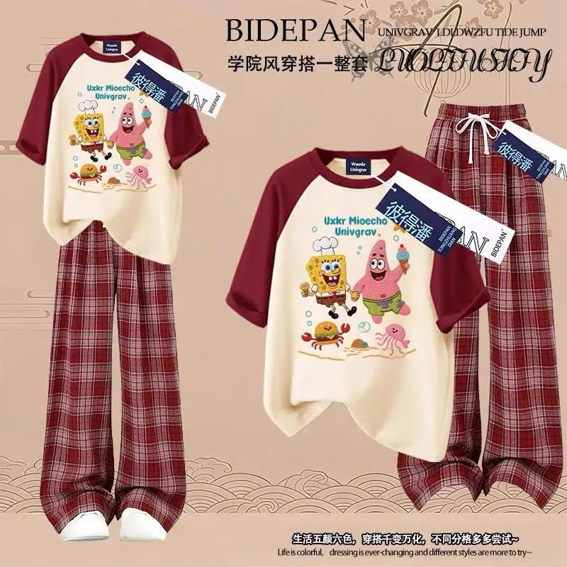 Bộ đồ nữ quần dài caro đỏ  ống suông + và áo phông cotton bốn chiều phối tay -minhanh2k