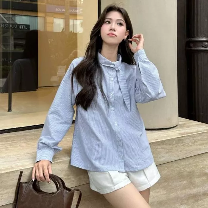 Áo sơ mi nữ công sở THE C.I.U, áo sơ mi sọc tay dài phối khăn cổ thanh lịch form rộng – Jazz Shirt Blue