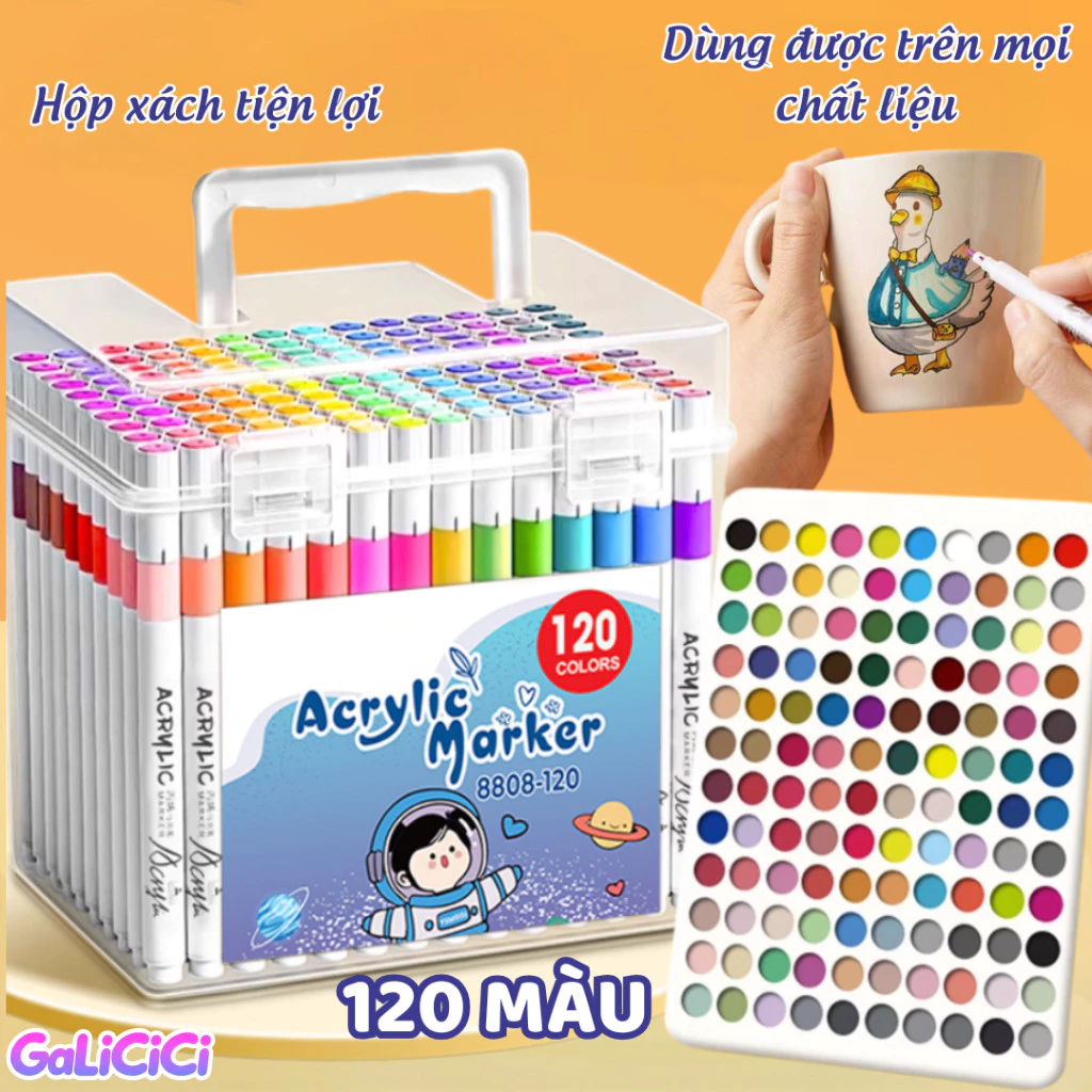 Bút vẽ Acrylic hộp vuông lớn 120 chiếc, dụng cụ nghệ thuật sống động chống thấm nước cho sổ lưu niệm tự làm