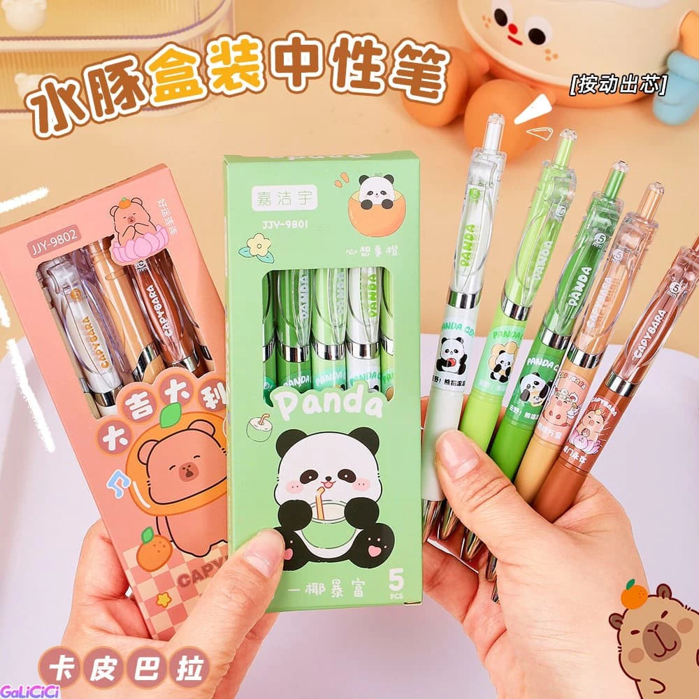 Bộ 5 bút gel ngòi “K35" 0.5mm capybara bấm nhanh khô không lem dễ thương luyện thi học sinh văn phòng