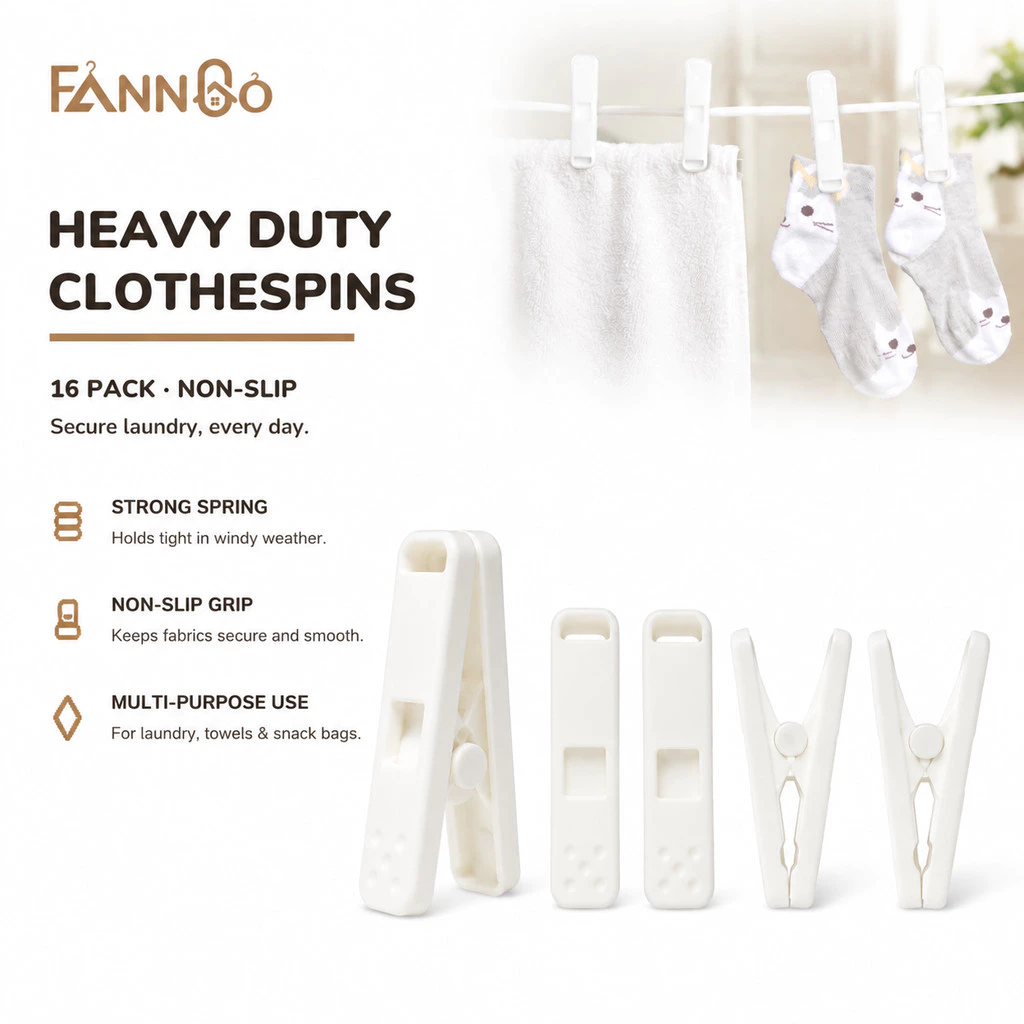 Kẹp quần áo bằng nhựa mạnh FannGo - Kẹp giặt hạng nặng 16 gói, Chốt chống gỉ chống trượt để giặt chống gió, Kẹp niêm phong & Móc treo Chip (Trắng)​