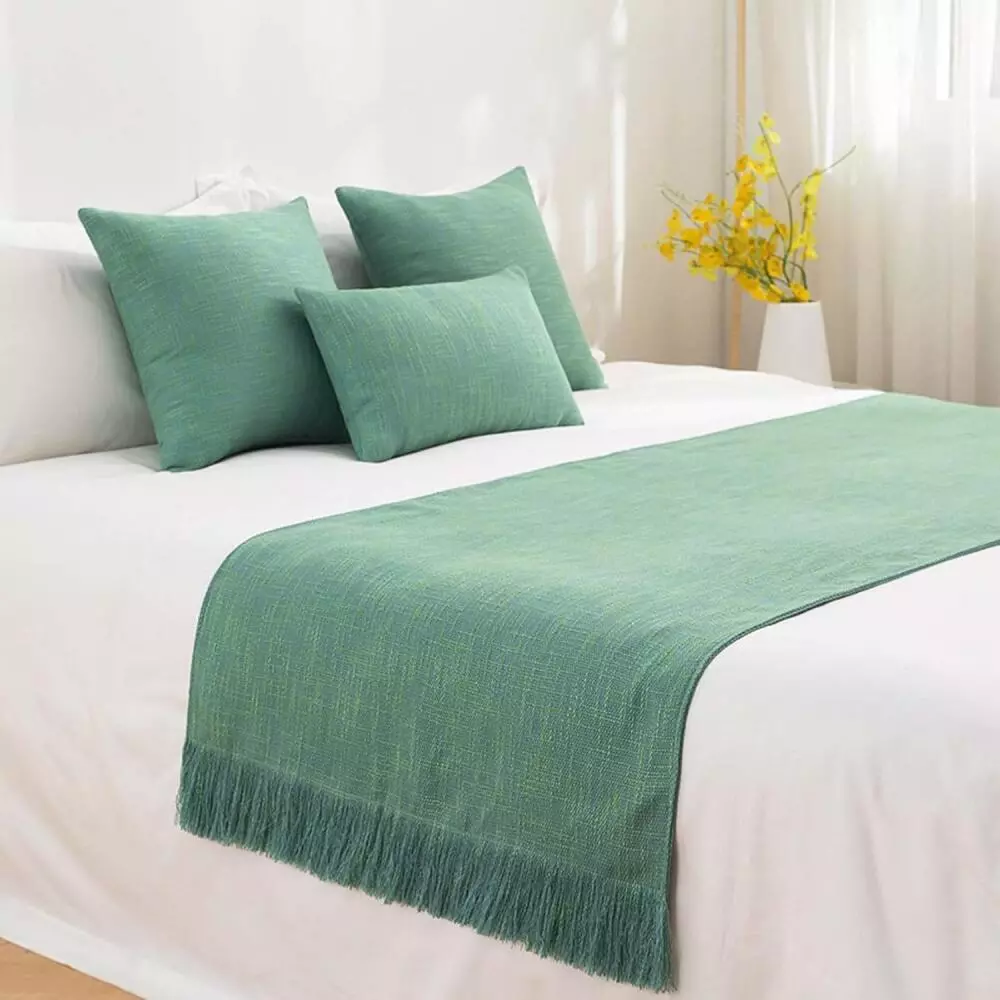 Khăn trải giường bằng vải lanh Cotton màu trơn & khăn trải giường có tua rua, Khăn trải giường đầu giường để bảo vệ giường, Kích thước King & Queen để trang trí phòng ngủ khách sạn tại nhà